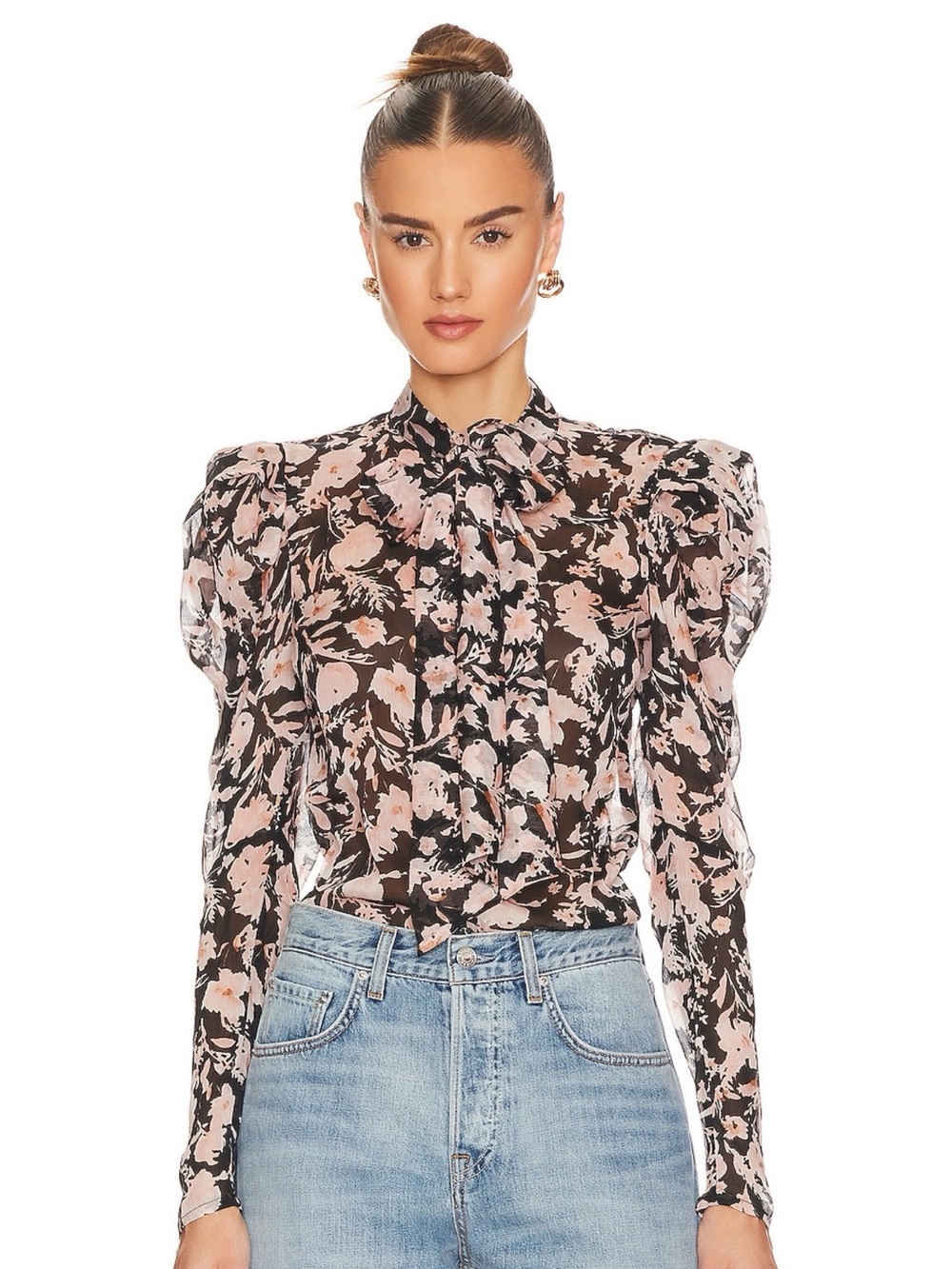 Bardot Black Sheer Floral Puff-Sleeve Tie-Neck Blouse